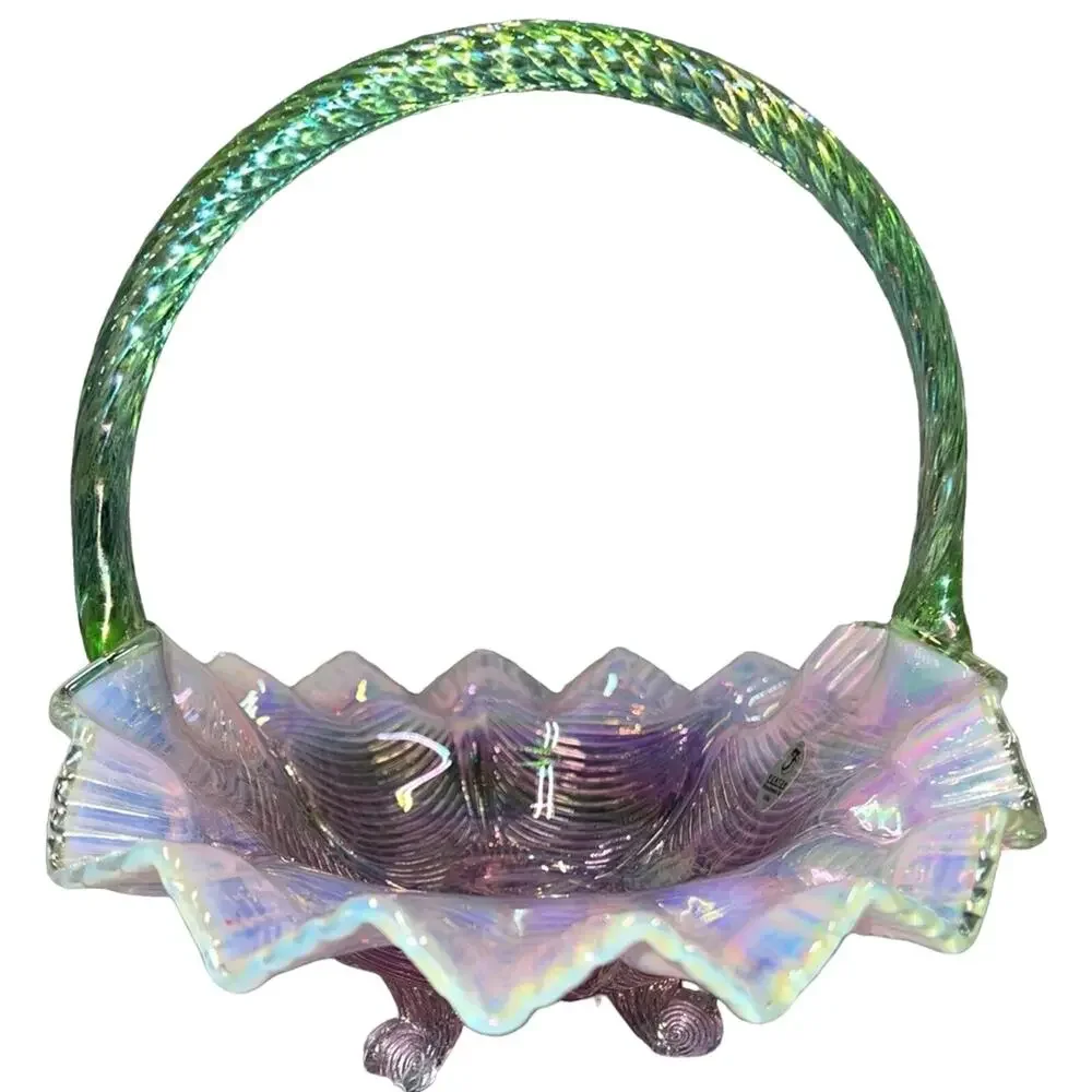 Fenton Pink Chiffon Basket w/Apple Green Handle